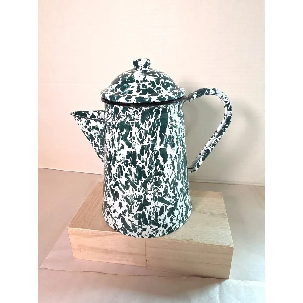 Vintage 6 Pc. Green & White Swirl Enamelware Set Coffee Pot Tray Sugar Creamer